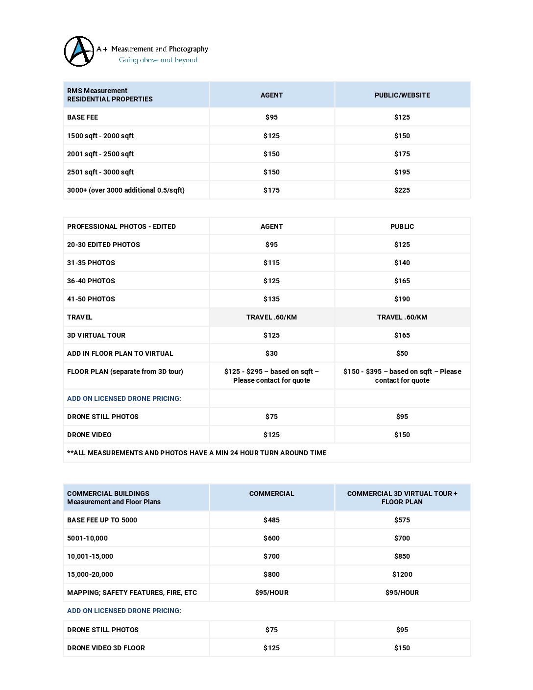 A+ Measurement and Photography price list